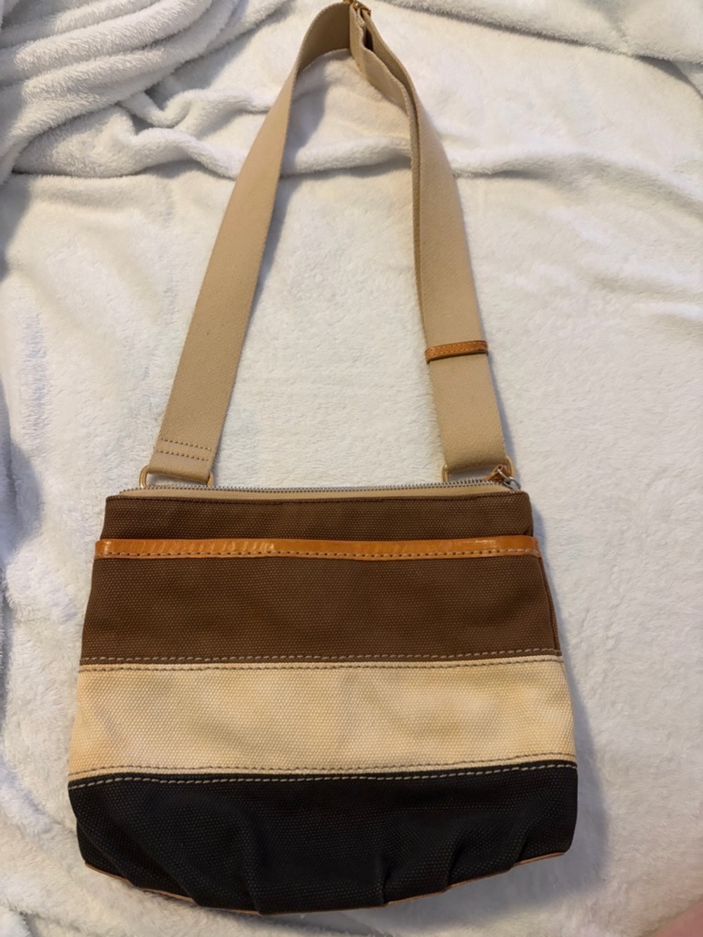Brighton Canvas Stripe Crossbody Bag Brown Cream Black
